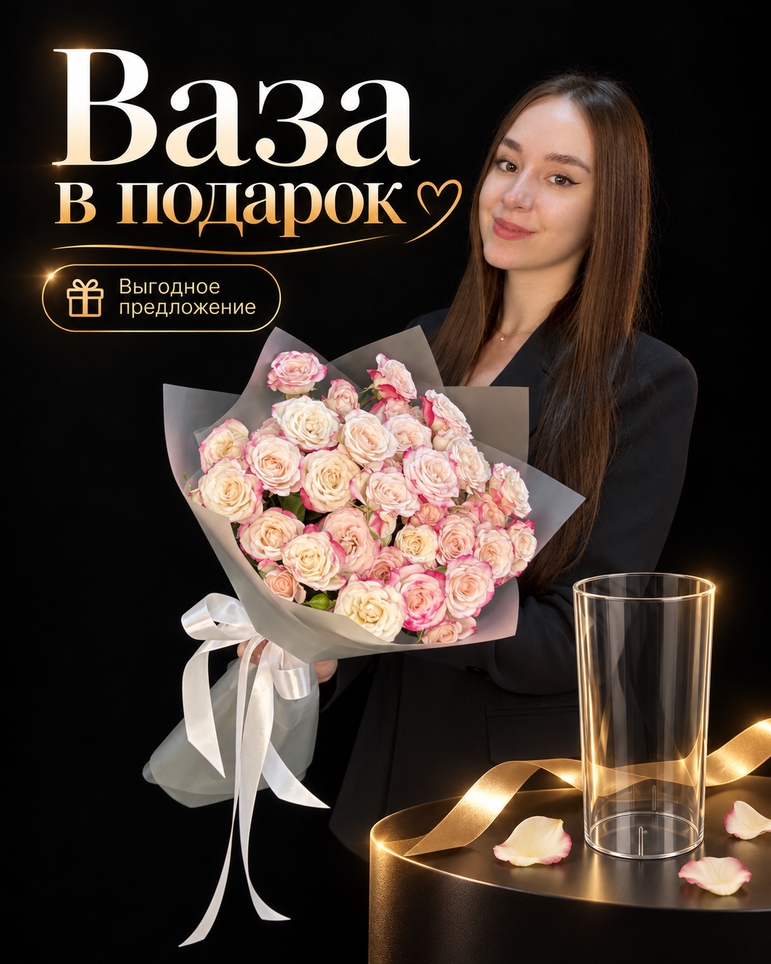 Букет из 9 розовых кустовых роз Reflex Кения 50 см + Ваза в подарок